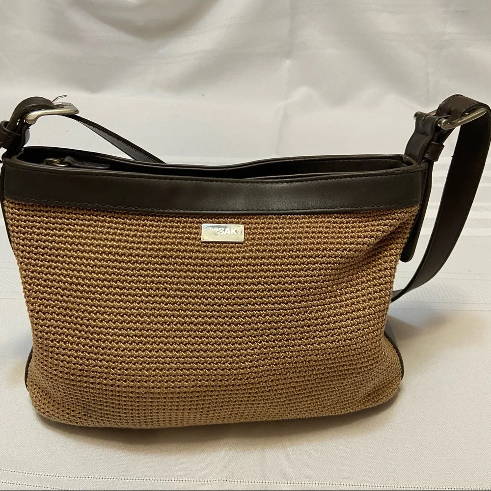 The SAK Tan Crocheted Womens Shoulder Bag with Brown Trim - Clean!